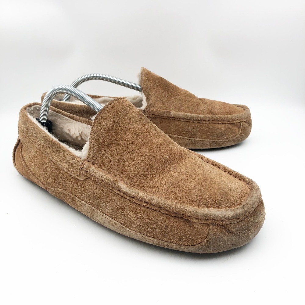 UGG Slippers Mens 11 Ascot Chestnut Suede Wool Lined Moccasin Sheepskin Loafers